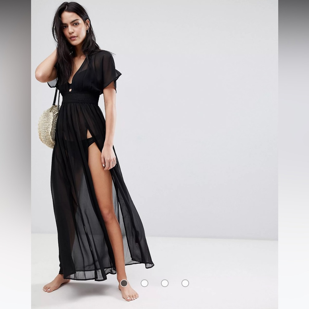 ASOS DESIGN shirred waist maxi chiffon beach caftan Black. US Size 0 🖤